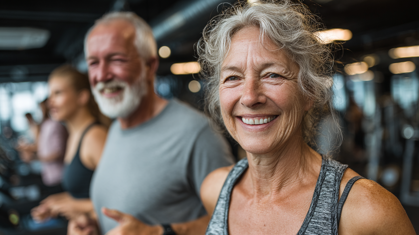 Grup de adulți maturi practicând exerciții de fitness în aer liber, zâmbind și fiind activi