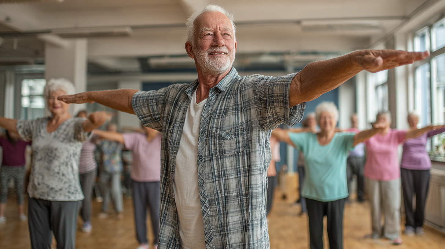 Persoane mature într-un studio de fitness, participând la o clasă de yoga și exerciții de echilibru, atmosferă prietenoasă